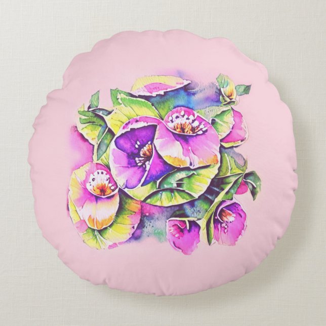 Dekorative rosa Blumen Rund Kudde (Framsidan)