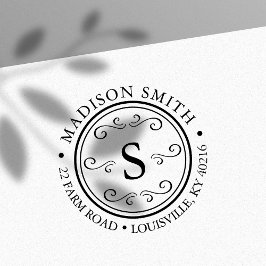Dekorativt, blommande runda cirkel, Monogram Adres Självfärgande Stämpel