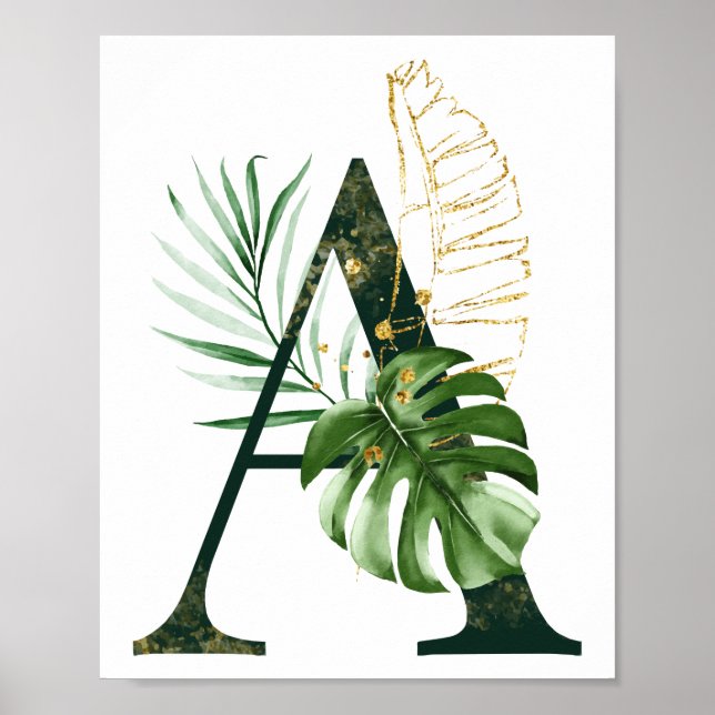Dekorativt Brev A med tropiska löv Poster (Framsidan)