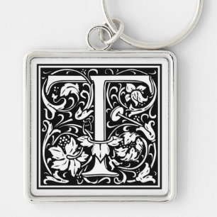 Dekorativt brev initial "T", Fyrkantig Silverfärgad Nyckelring
