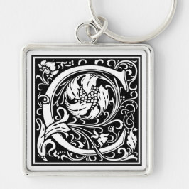 Dekorativt brev initialt "C", Fyrkantig Silverfärgad Nyckelring