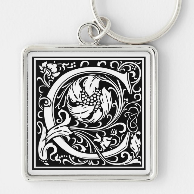 Dekorativt brev initialt "C", Fyrkantig Silverfärgad Nyckelring (Framsidan)