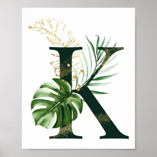 Dekorativt Brev K med tropiska löv Poster