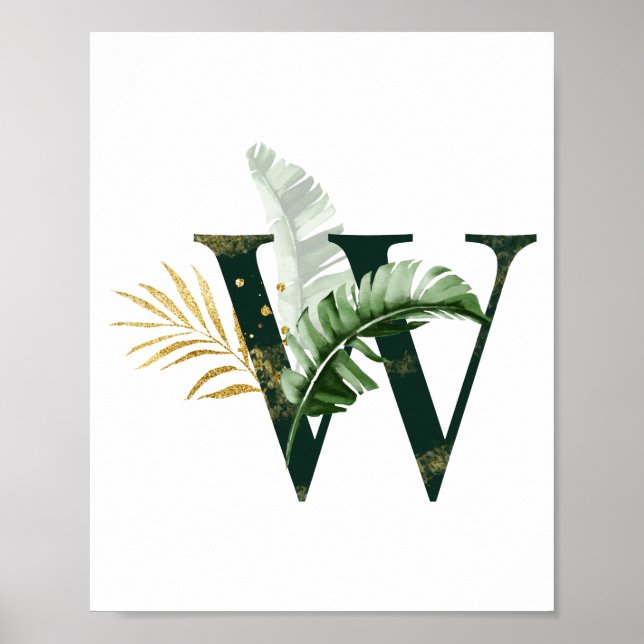 Dekorativt Brev W med tropiskt löv Poster (Framsidan)