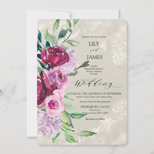 Dekorativt Grått med Vin och Rosa ros Inbjudningar (Framsida)