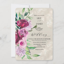 Dekorativt Grått med Vin och Rosa ros Inbjudningar