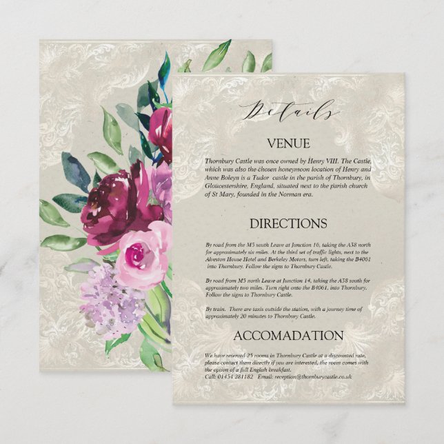 Dekorativt Grått, Vin och rosa ros Bröllop Tilläggskort (Fram/baksida)