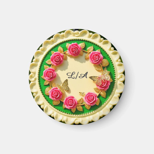 Dekorativt grönt kantfat med rosa ros magnet (Framsidan)