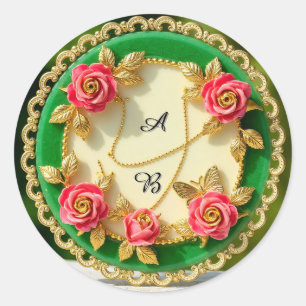 Dekorativt grönt kantfat med rosa ros runt klistermärke