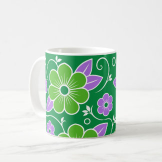 Dekorativt grönt och lila blommönster kaffemugg