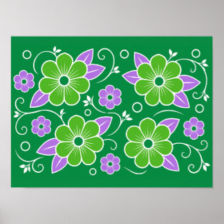 Dekorativt grönt och lila blommönster poster