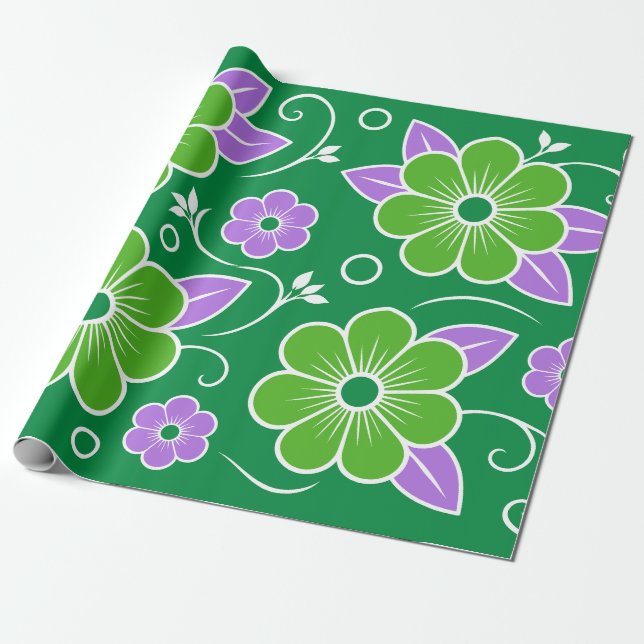Dekorativt grönt och lila blommönster presentpapper (Utrullad)