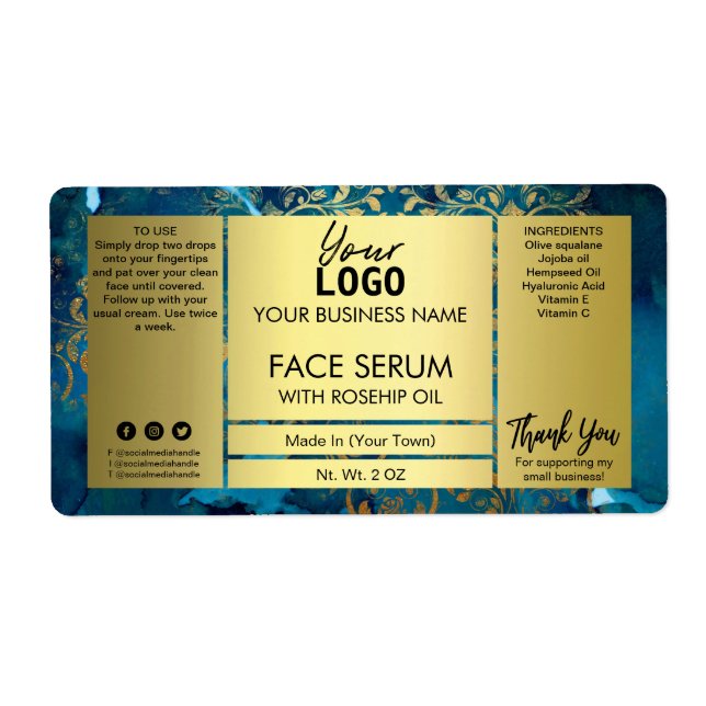 Dekorativt Guld och blått Ansikte-serum Fraktsedel (Framsidan)