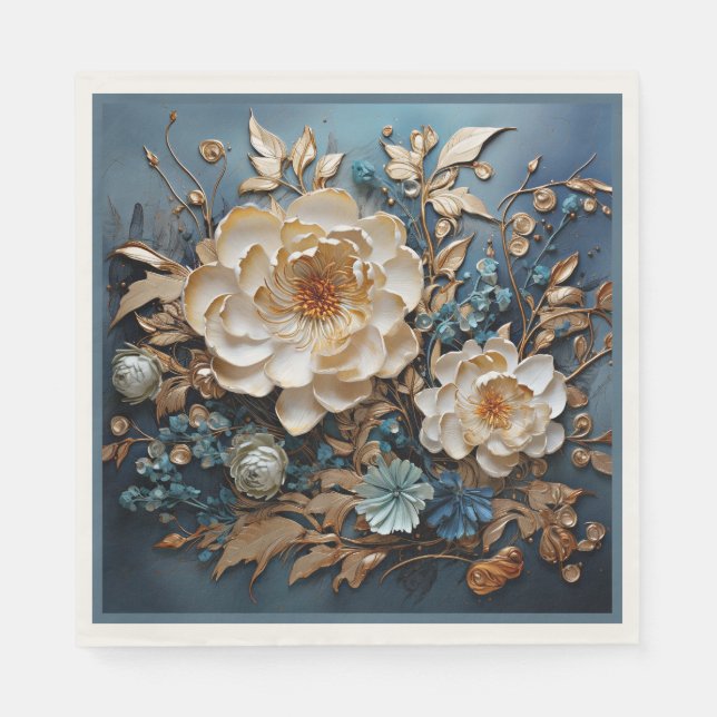 Dekorativt guld- och tealblått blomsterdesign pappersservett (Framsidan)