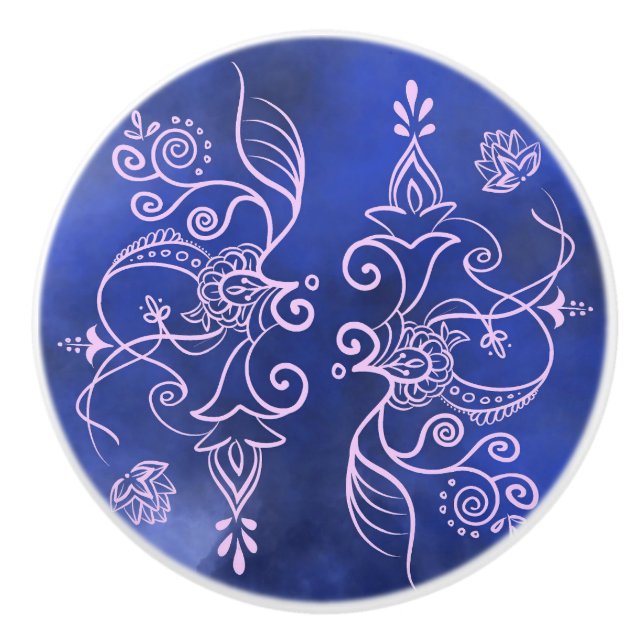 Dekorativt keramiskt dragblått/lila knopp (Framsidan)