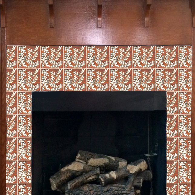 Dekorativt keramiskt plattor, rost och vitt löv kakelplatta (Rust and white tile shown on a craftsman fireplace.)