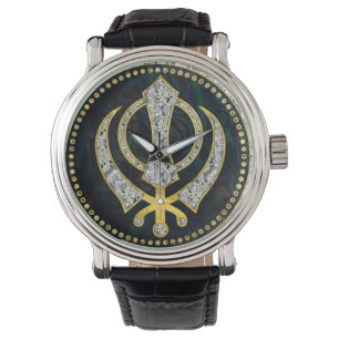 Dekorativt Khanda symbol med gemstones & guld Armbandsur