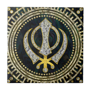 Dekorativt Khanda symbol med gemstones & guld Kakelplatta