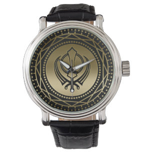 Dekorativt Khanda symbolguld på svart Armbandsur