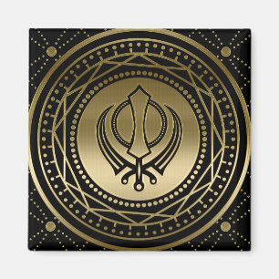 Dekorativt Khanda symbolguld på svart Magnet