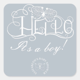 dekorativt skript hej det är en pojkblå fyrkantigt klistermärke