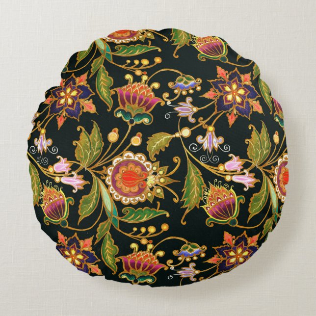 dekorativt sömlöst mönster. Blommor, löv  Rund Kudde (Framsidan)