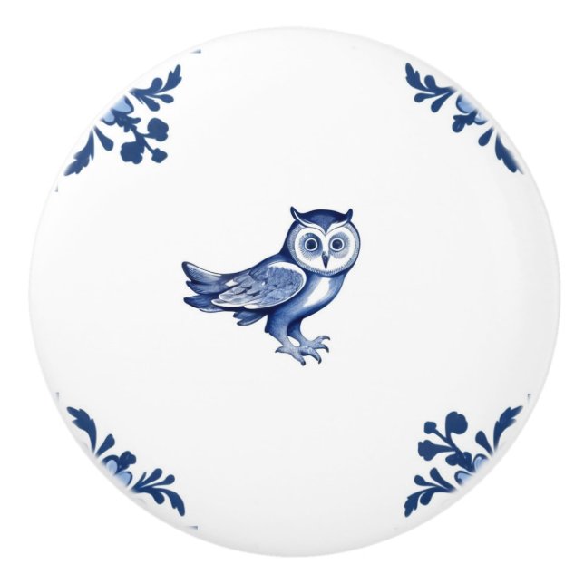 Dekorativt Uggla med Delft Blue och White Corners Knopp (Framsidan)