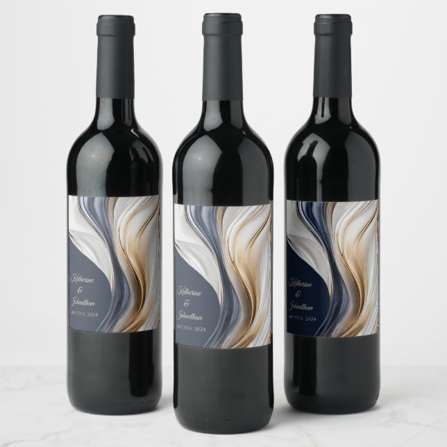 Dekorblått Bröllop i Modern, vitt och Guld Vinflaska Etikett (Flaskor)
