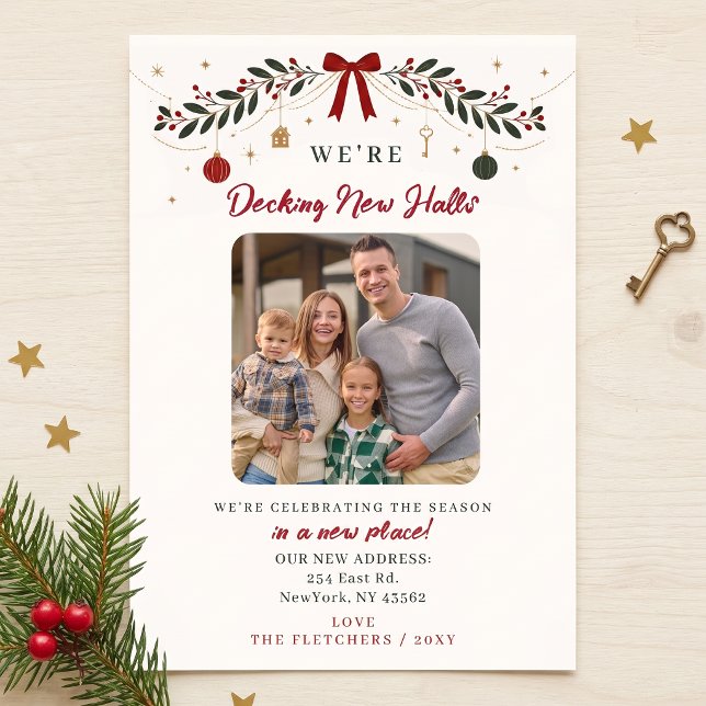 Dekorera Nya Hallar Julhelg Foto Flyttande Julkort (Decking New Halls Christmas Holidays Photo Moving Holiday Card)