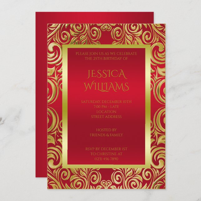 Dekorerad Födelsedagsfest av Guld Swirls & Ruby Re Inbjudningar (Fram/baksida)