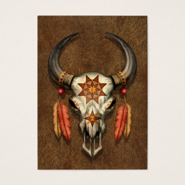 Dekorerad infödd Bull Skull med fjädrar Visitkort (Framsidan)