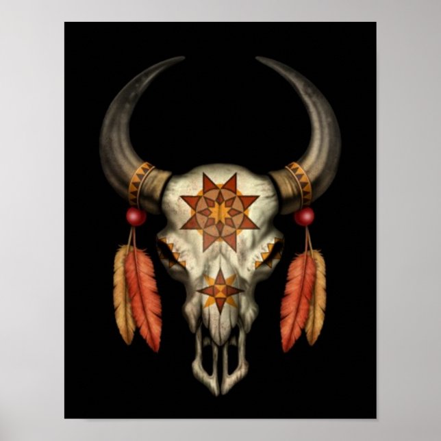 Dekorerad intern Bull Skull med fjädrar på svart Poster (Framsidan)