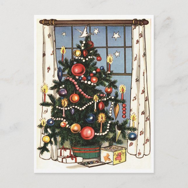 Dekorerad julgran vid fönstret, vintage vykort (Framsida)