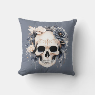 Dekorerad Skalle Blå och Vita Blommor Halloween Kudde
