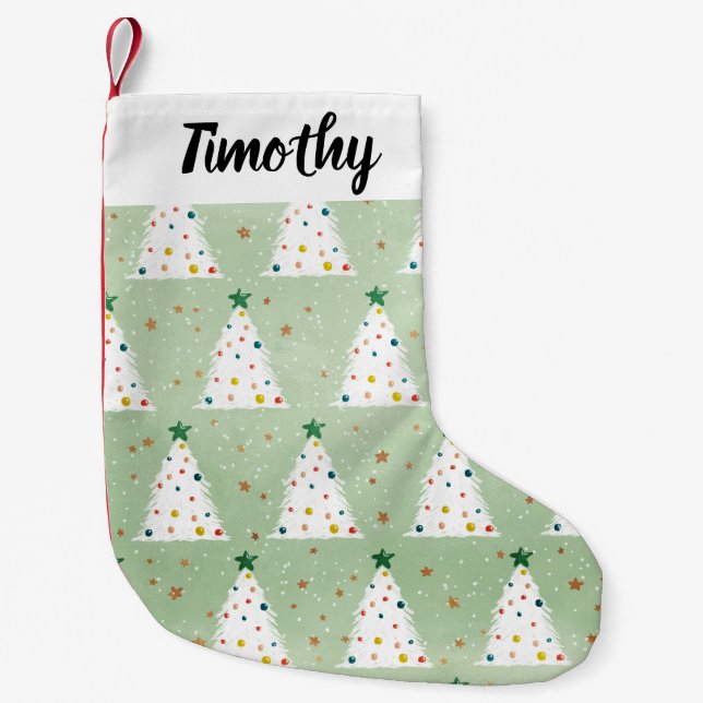 Dekorerad vit Julafton Träd Grönt Star och prydnad Liten Julstrumpa (Framsidan)