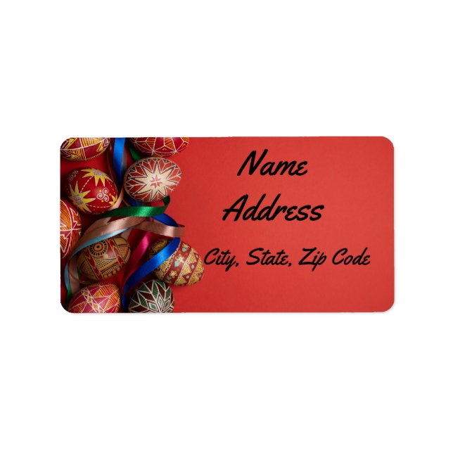 Dekorerade ägg på röd bakgrund adressetikett (Framsidan)