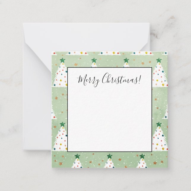 Dekorerade vita julgranar grön stjärna & dekoratio anteckningskort (Framsida)