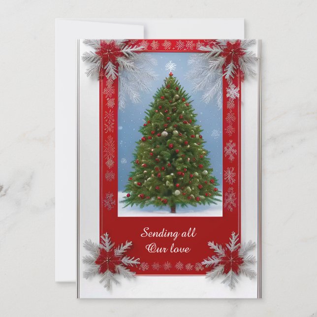 Dekorerat Julgran omgivet av Ram Julkort (Framsida)