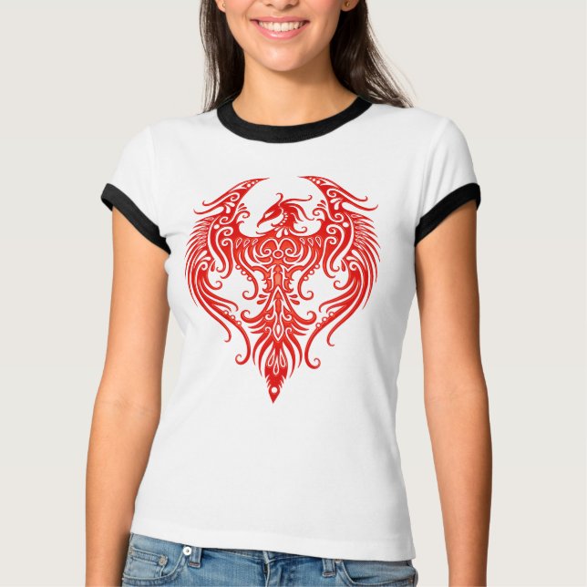Dekorerat Red Tribal Phoenix Tee Shirt (Framsida)
