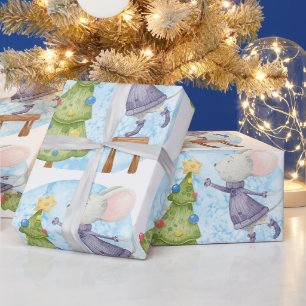 Dekorering av Julgran i vattenfärgscute-mus Presentpapper