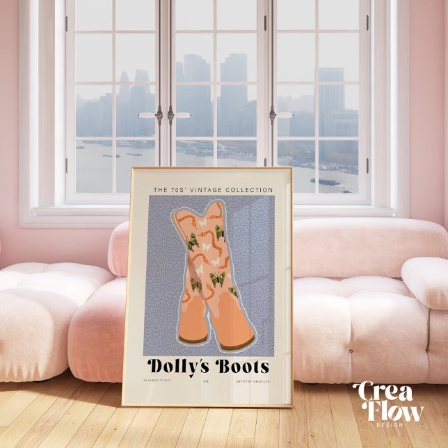 Dekorfärg för Westerna murverk Poster (Peach-colored cowgirl boots with snake and butterfly motifs, set against a Baby blue background)