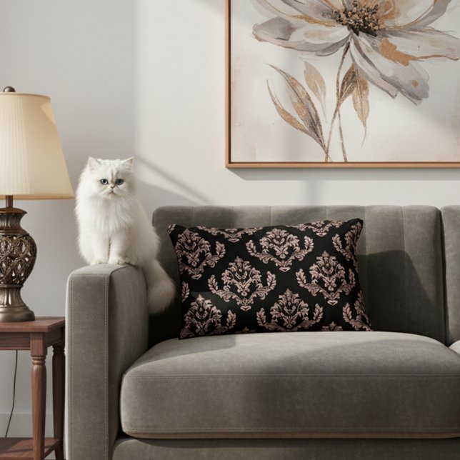 Dekorfyllning för elegant Black och Ro Guld Prydnadskudde (Black and rose gold damask accent pillow.)