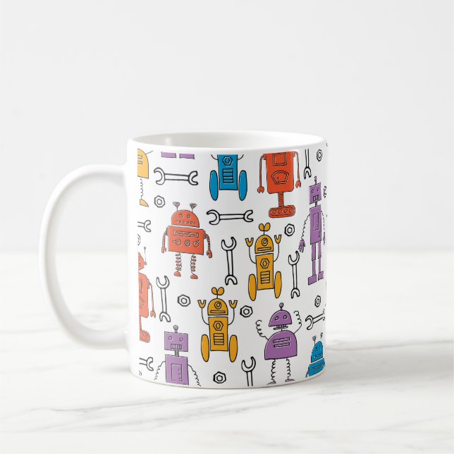 Dekorrobotar. Sömlös mönster. Tecknad char Kaffemugg (Vänster)