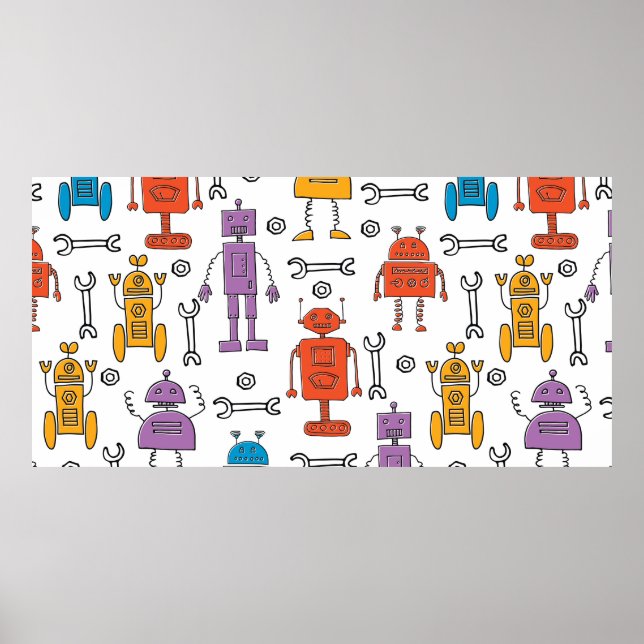 Dekorrobotar. Sömlös mönster. Tecknad char Poster (Framsidan)