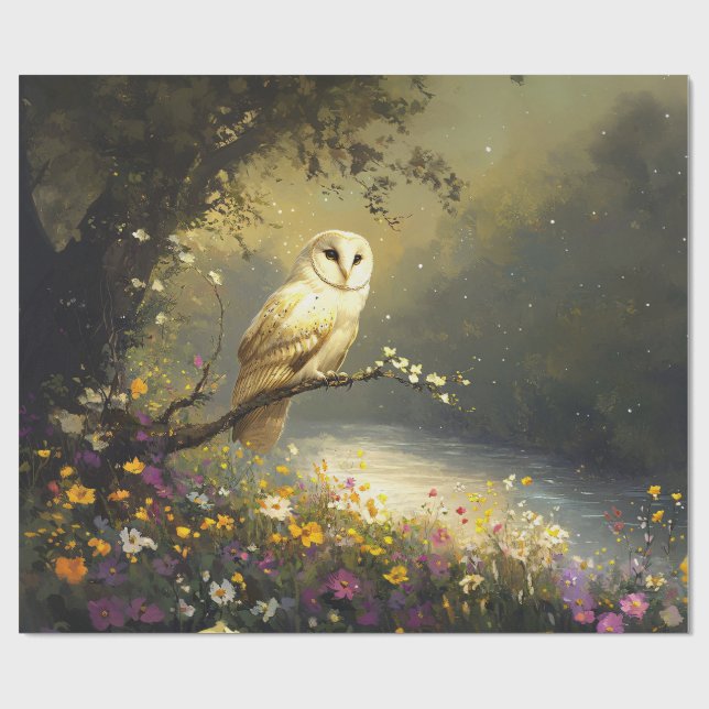 Dekoupage av vit Uggla Wildblommor Presentpapper (Platt)