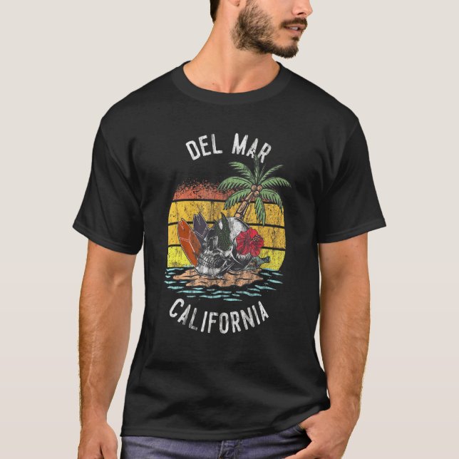 Del Mar Beach California Handflatan Skull Surfa Su T Shirt (Framsida)