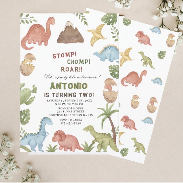 Delå: Dinosaur vattenfärgsstomp, roar födelsedagsk Inbjudningar (Skapare uppladdad)