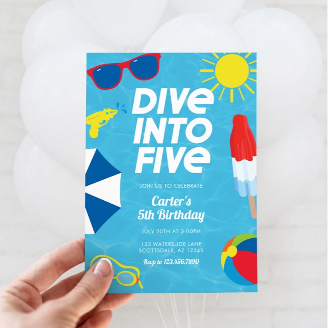 Dela i fem Bassäng 5:e födelsedagsinbjudan Inbjudningar (Dive in Five Birthday Invitation)