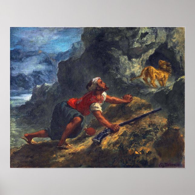 Delacroix - Arab som spårar ett lejon Poster (Framsidan)