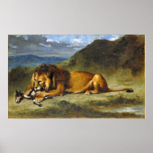 Delacroix - Lejon som ägnar sig åt en get Poster